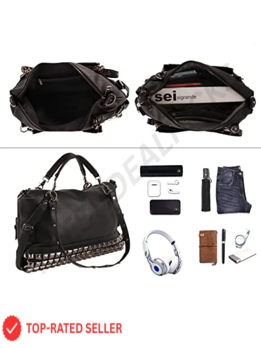 Women Punk Rivet Tote Satchel Handbags Large Capacity Studded Shoulder Bag